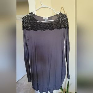 Old Navy Top, Grey Long Sleeve, Black Lace Accents,  XS